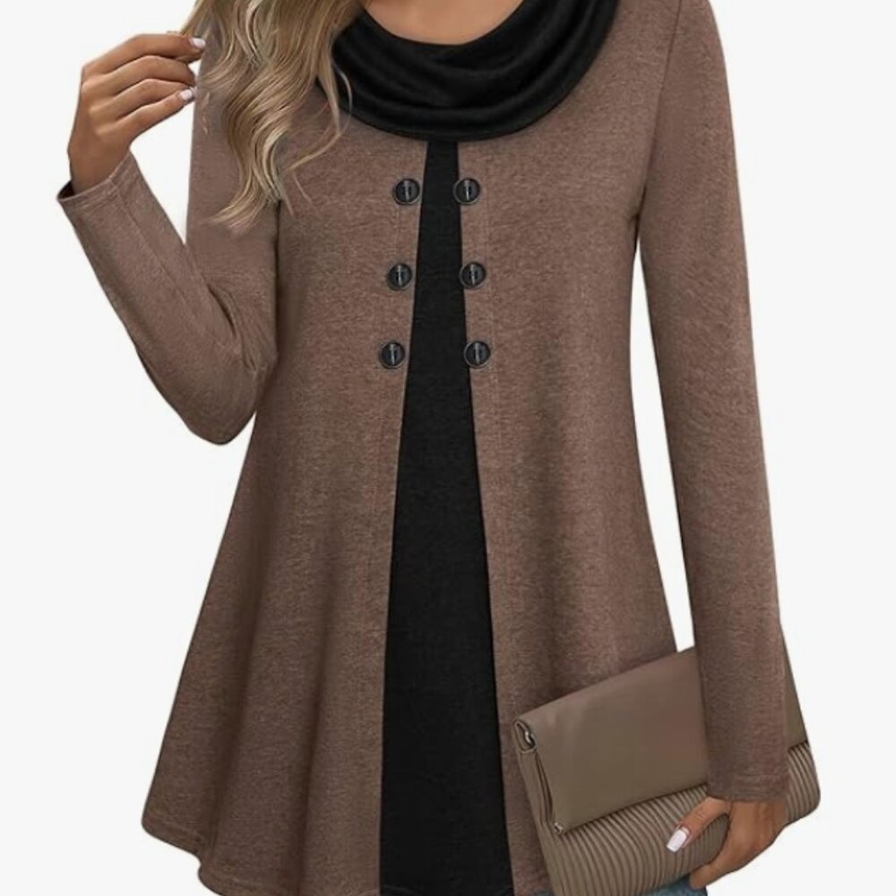 Bebonnie Long Tan and Black A-line Cowl Neck Tunic. Size M